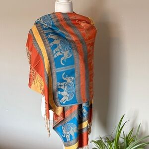 Pashmina Rust Orange and Teal Blue Cashmere Scarf Elephants stripes Fall colors